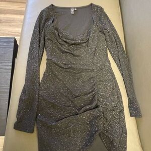 Silver Asymmetrical Ruched Bodycon Dress with Long Sleeves